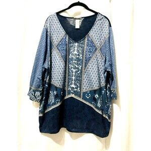 Catherines Top Womens 1X Blue 3/4 Sleeve Beaded Blouse Basic Cotton *